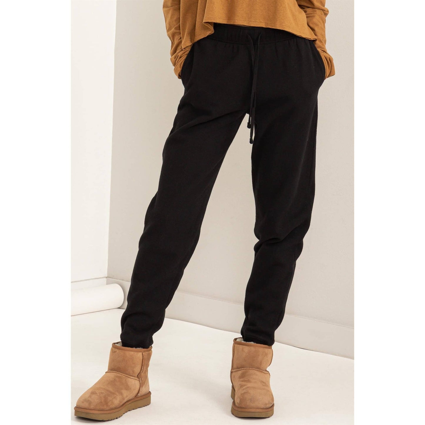 Black Drawstring Jogger Pants: BLACK