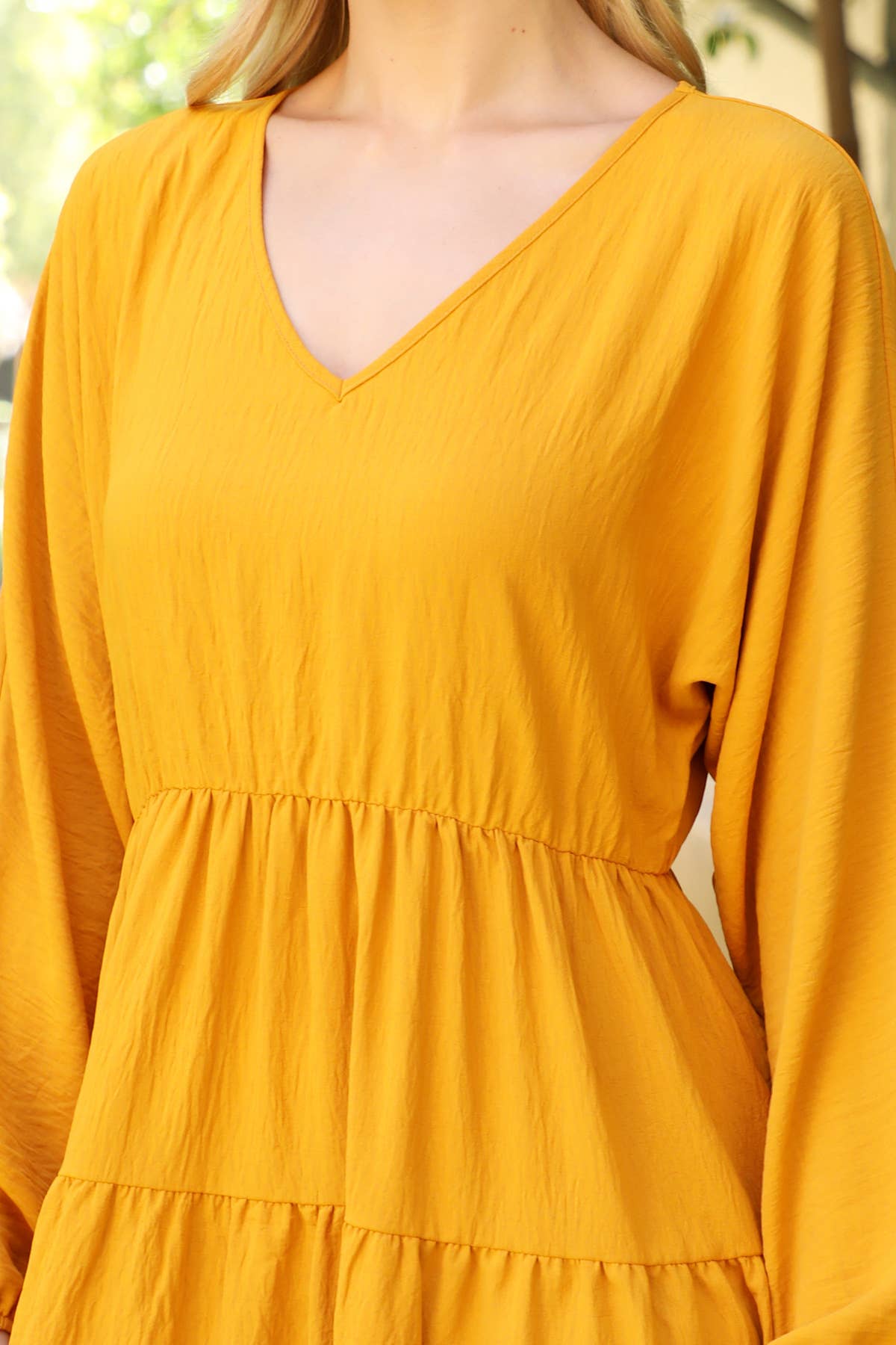 Mustard PUFF SLEEVE V-NECK ELASTIC WAIST TIERED