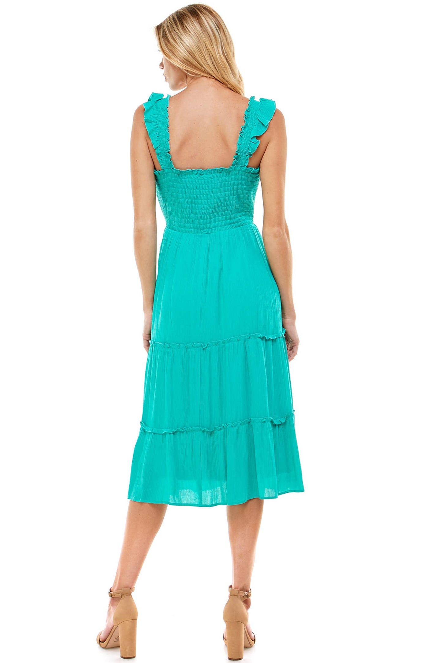 TEAL SMOCKED RUFFLE DRESS