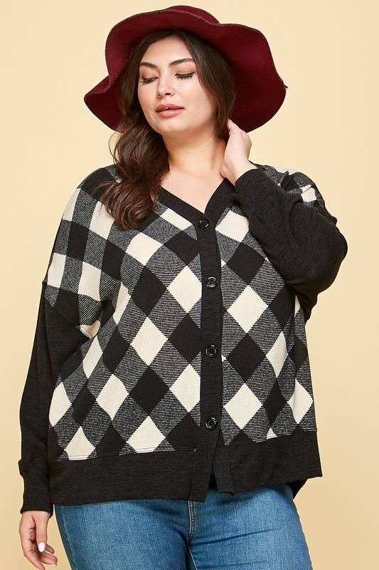 Plus Size Buffalo Plaid Knit Cardigan