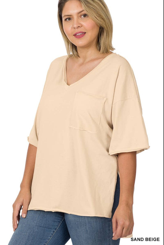 Plus size front pocket raw edge tee