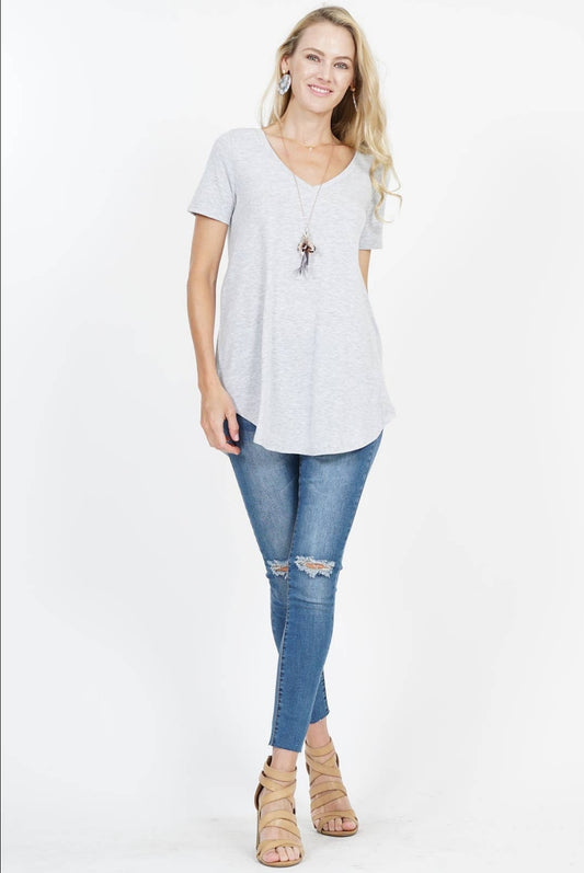 Short Sleeve V-neck round hem top- gray