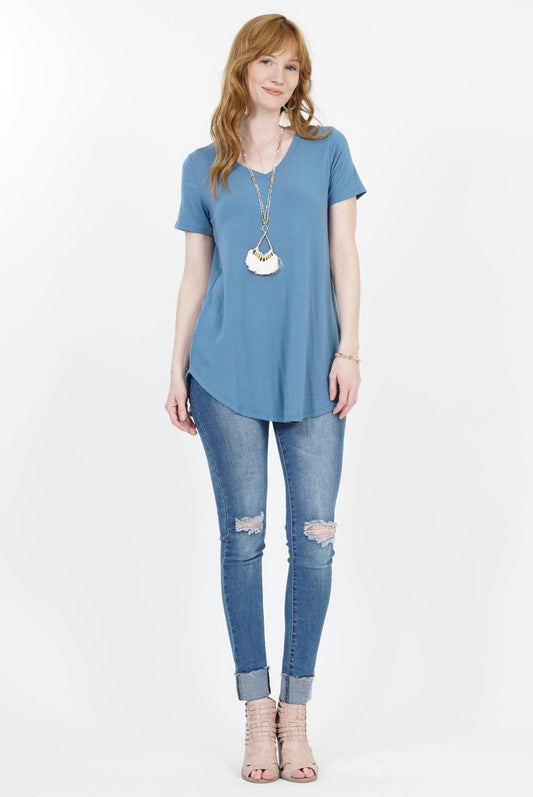 Short Sleeve V-neck round hem top, blue