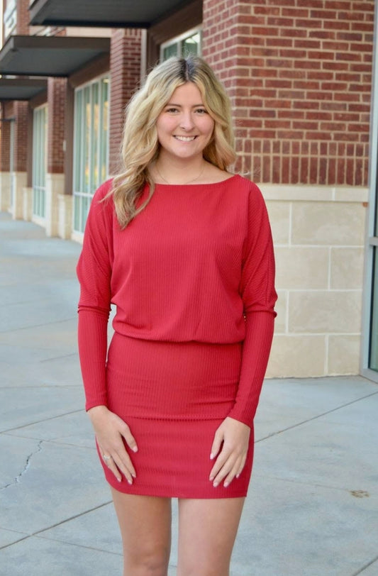 Long Sleeve Midi Dress- Red