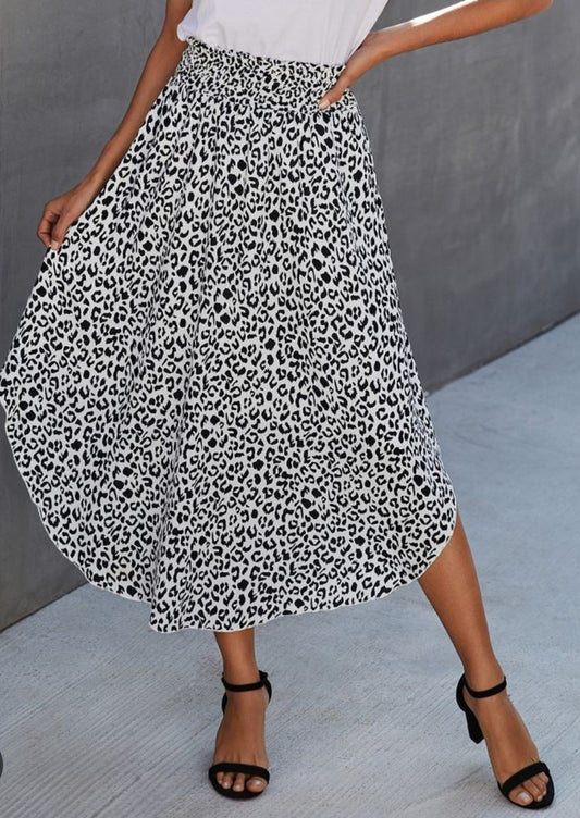 White Leopard Lined Midi Ruffle Skirt