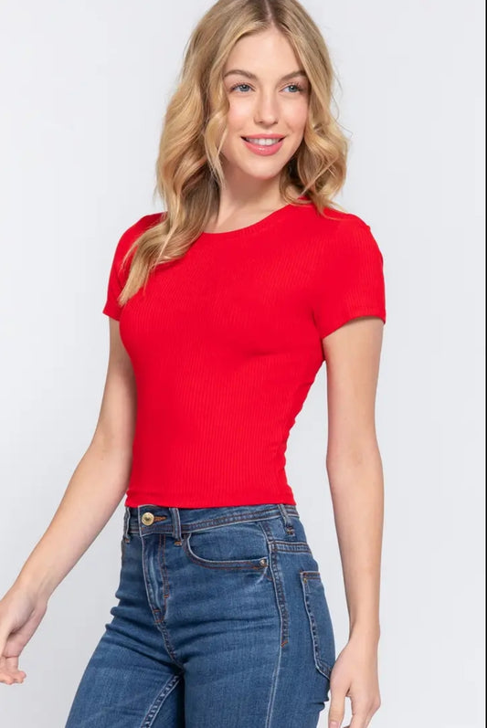 Red Fitted crew ribbed top