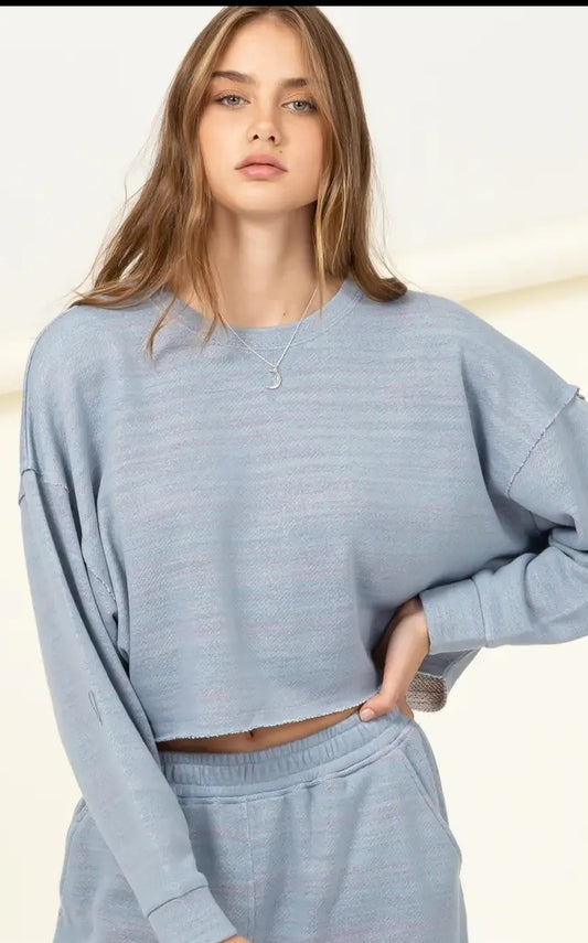 Dusty Blue Dropped Shoulder Crop Top