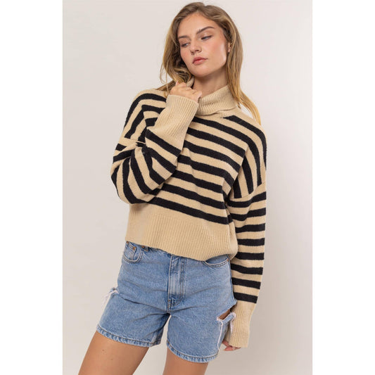 Striped Turtleneck Sweater: TAUPE/BLACK