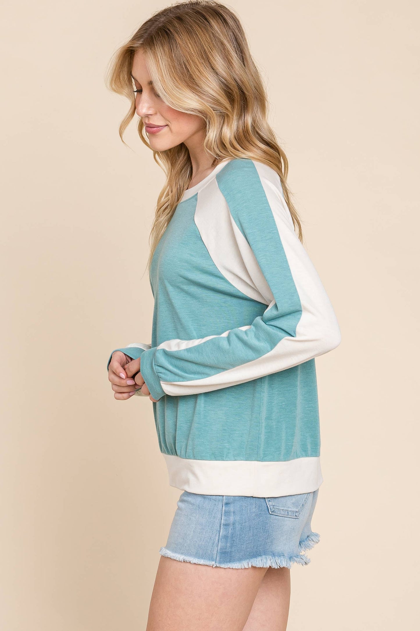 Plus Blue Contrast Solid Long Sleeve Top