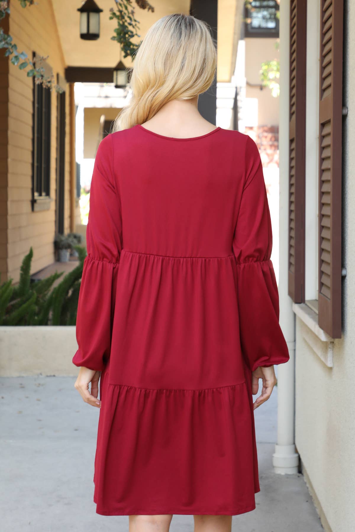 Wine SOLID V-NECK ELASTIC DETAIL SLEEVE TIERED DRESS