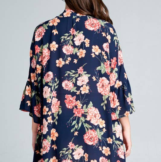Plus Size Open Front Floral Kimono