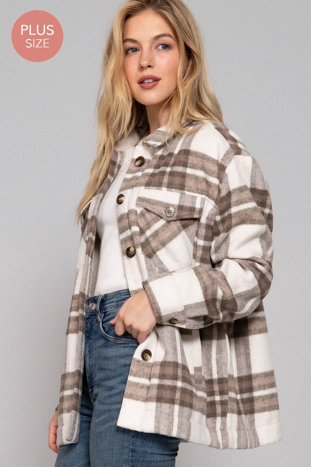 Taupe Inside Faux Fur Brushed Plaid Jacket
