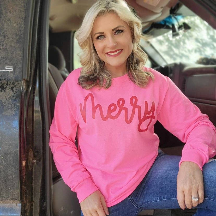 Christmas Neon Pink Merry Script Holiday Grey Graphic Tee