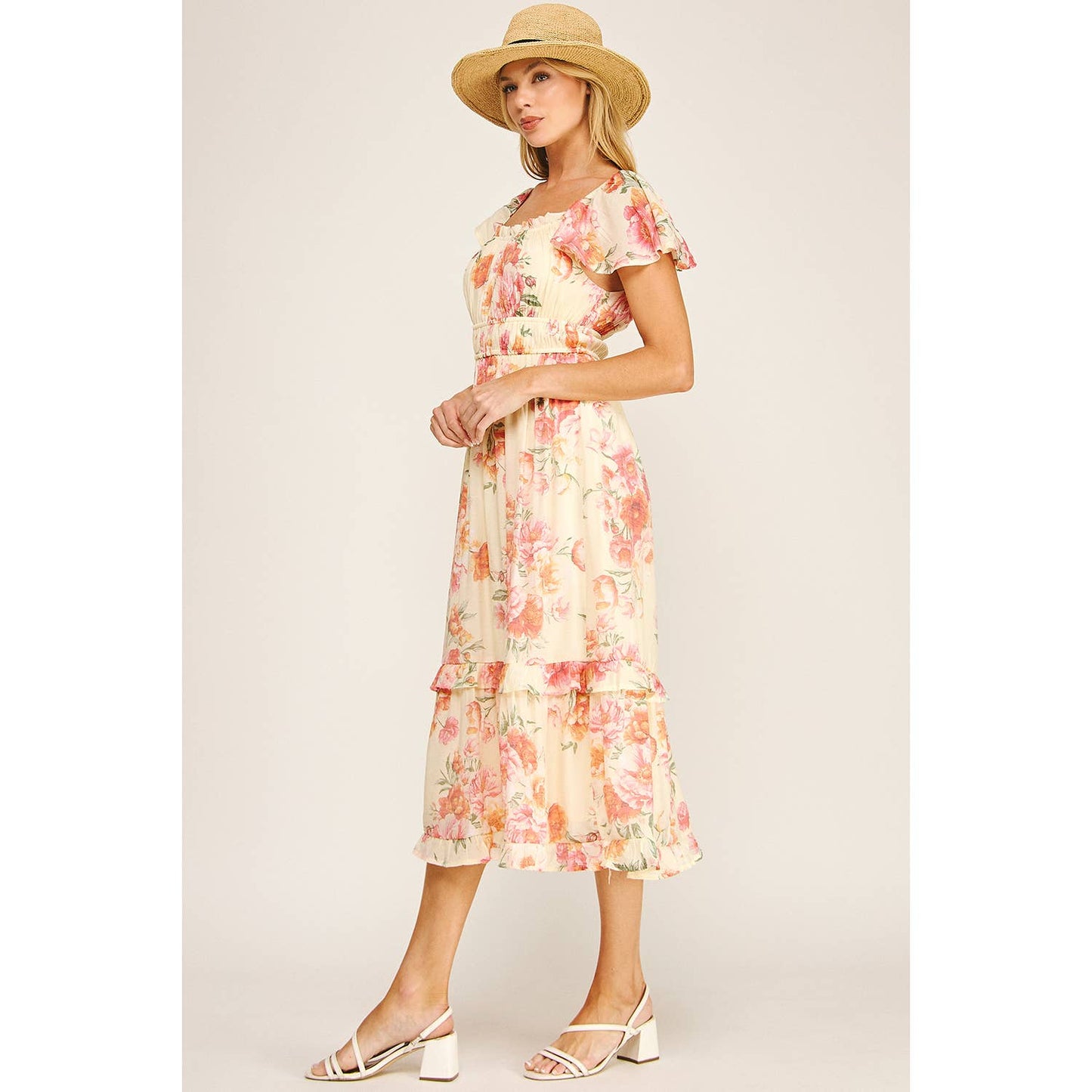 FLUTTER SLEEVE FLORAL TIERED MIDI DRESS