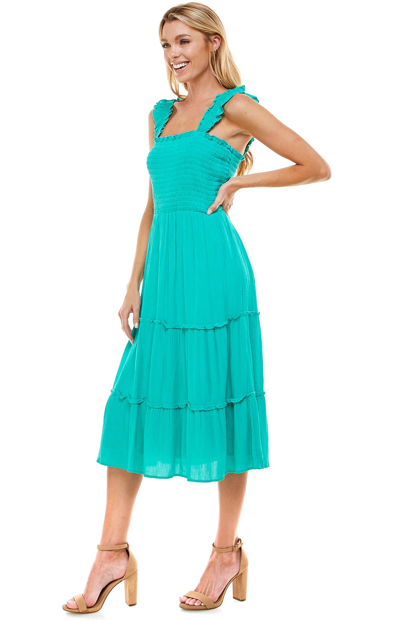 TEAL SMOCKED RUFFLE DRESS