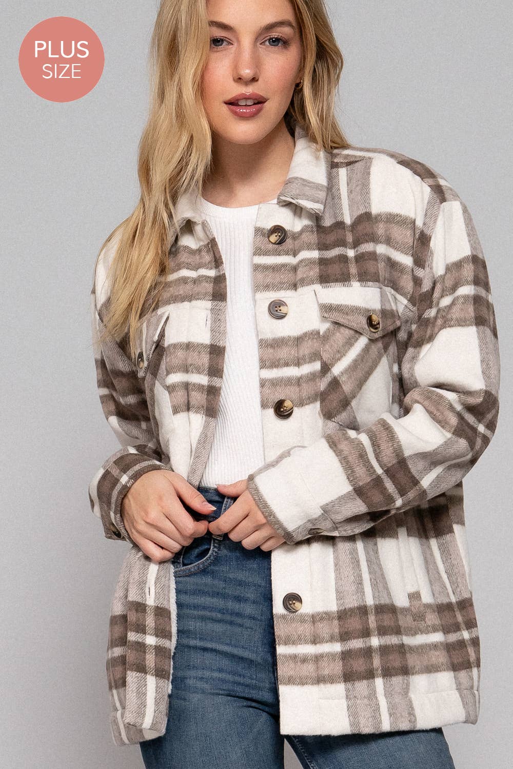 Taupe Inside Faux Fur Brushed Plaid Jacket