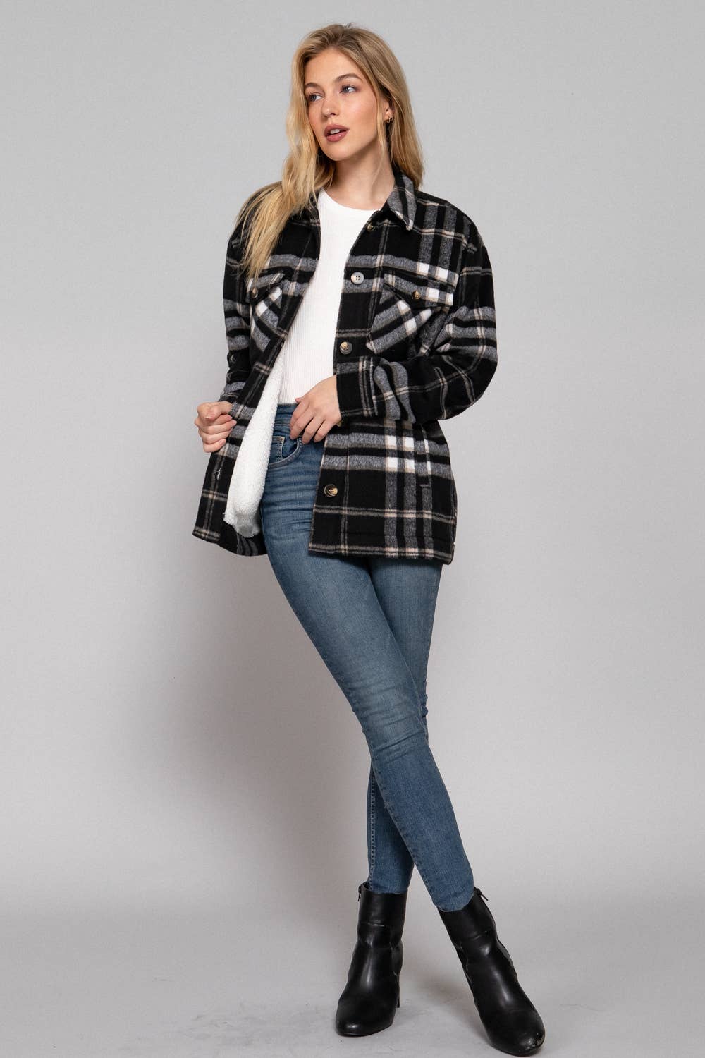 Black/cream Inside Faux Fur Brushed Plaid Jacket