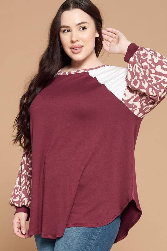 Plus red Size Animal Print Balloon Sleeves top