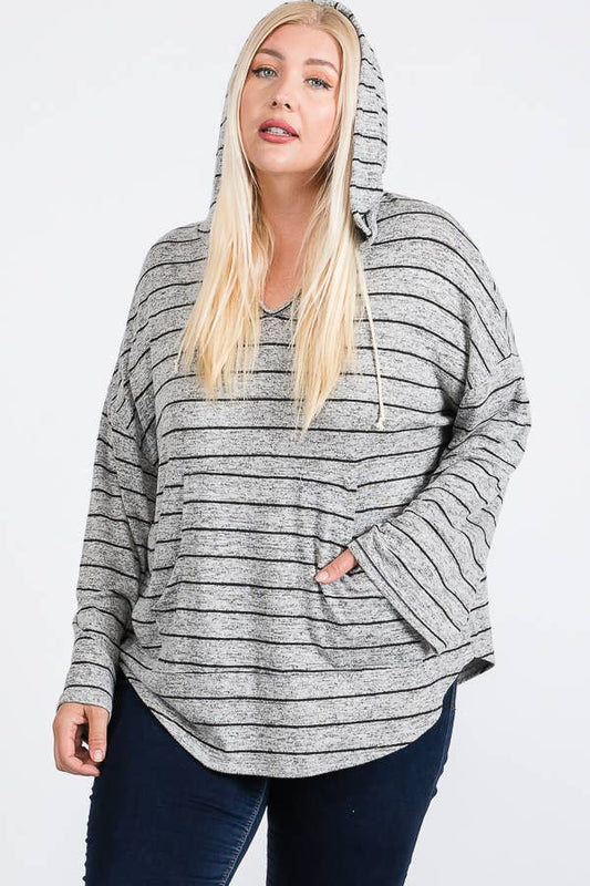 Plus Size V Neck Striped Round Hem Hoodie Basic Top