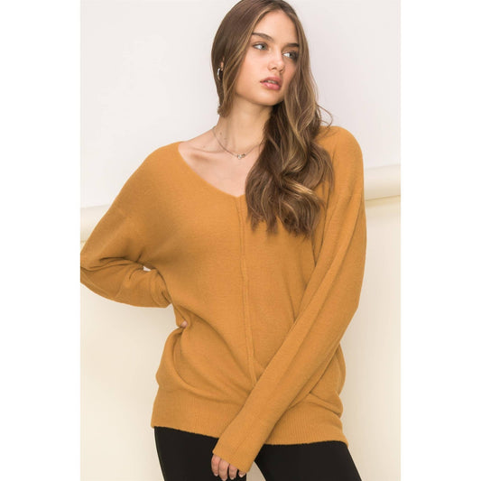 Brown V Neck Long Sleeve Sweater: BROWN SUGAR