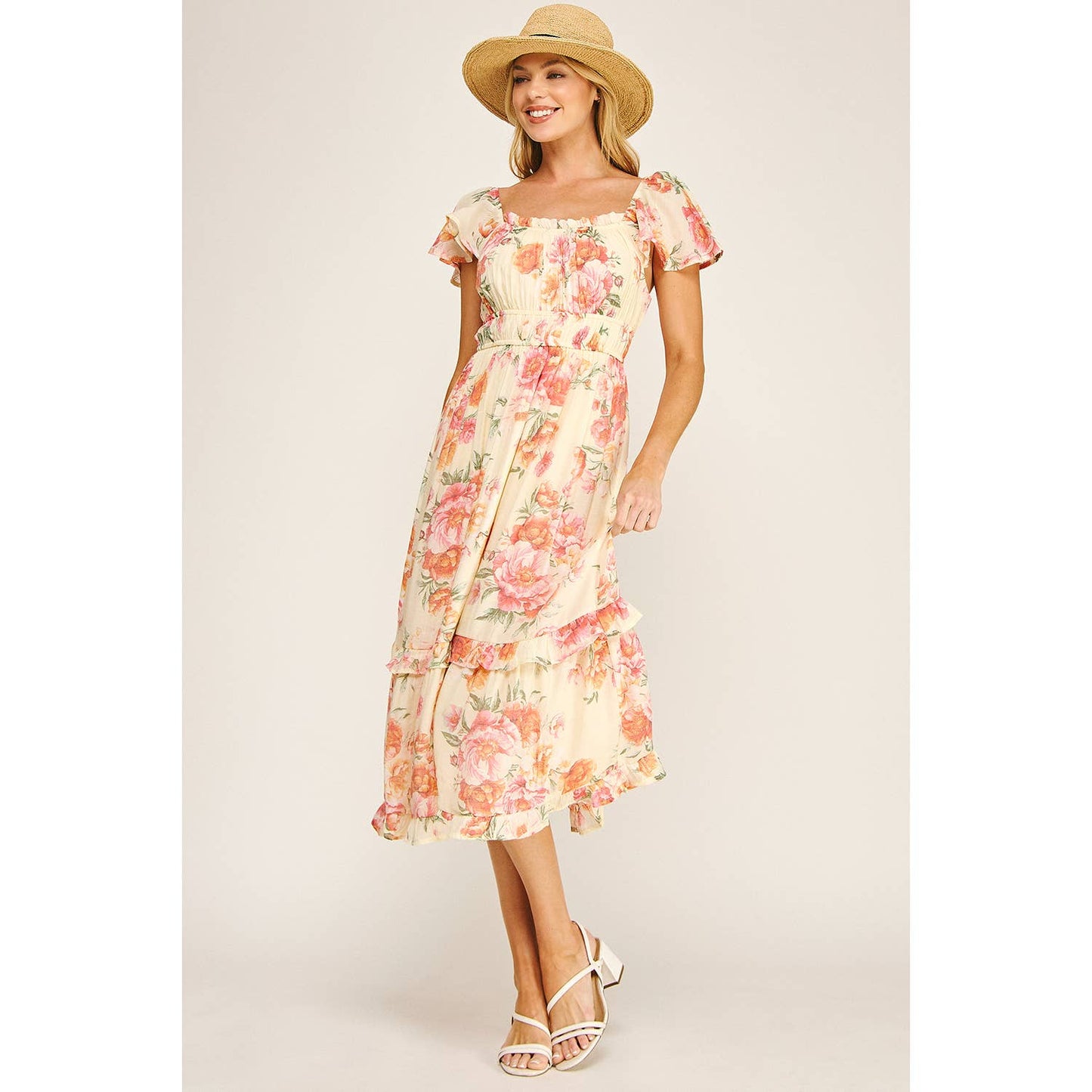 FLUTTER SLEEVE FLORAL TIERED MIDI DRESS