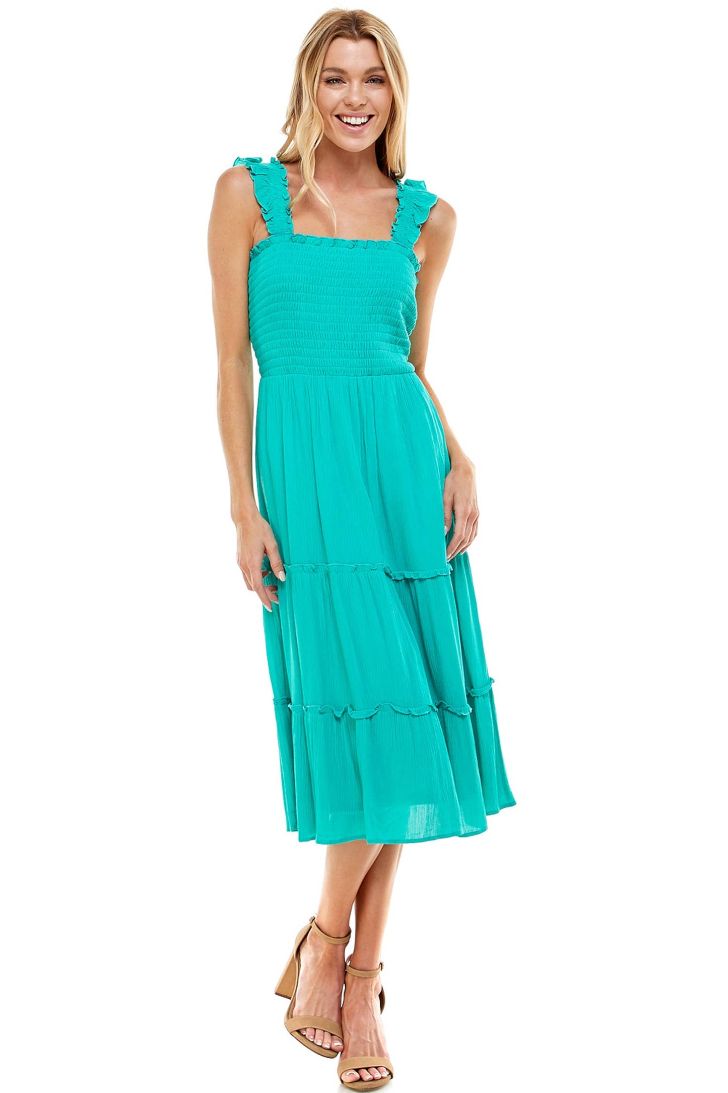 TEAL SMOCKED RUFFLE DRESS