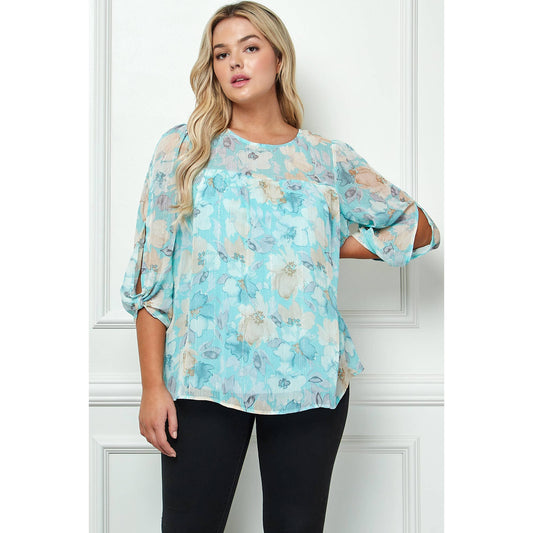 PLUS SIZE BLUE FLORAL BLOUSE