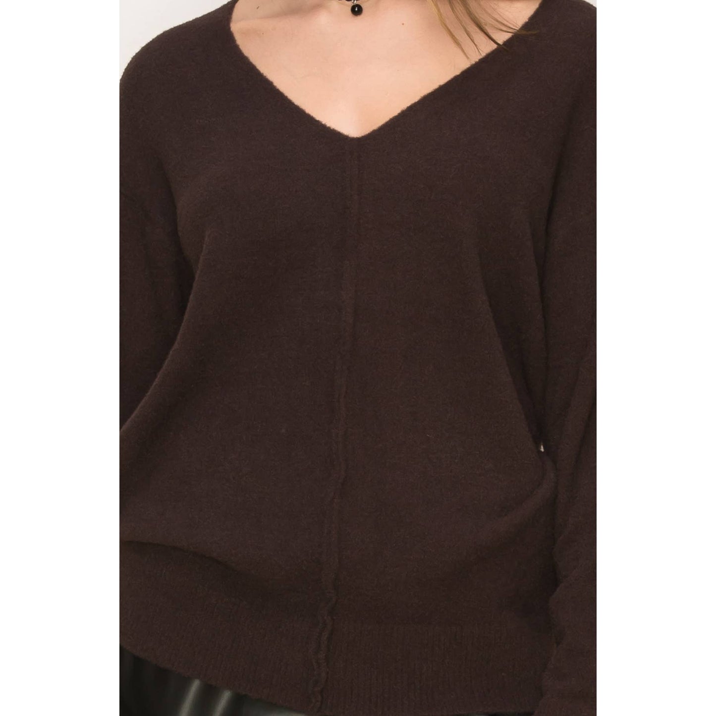 Brown V Neck Long Sleeve Sweater: BROWN SUGAR