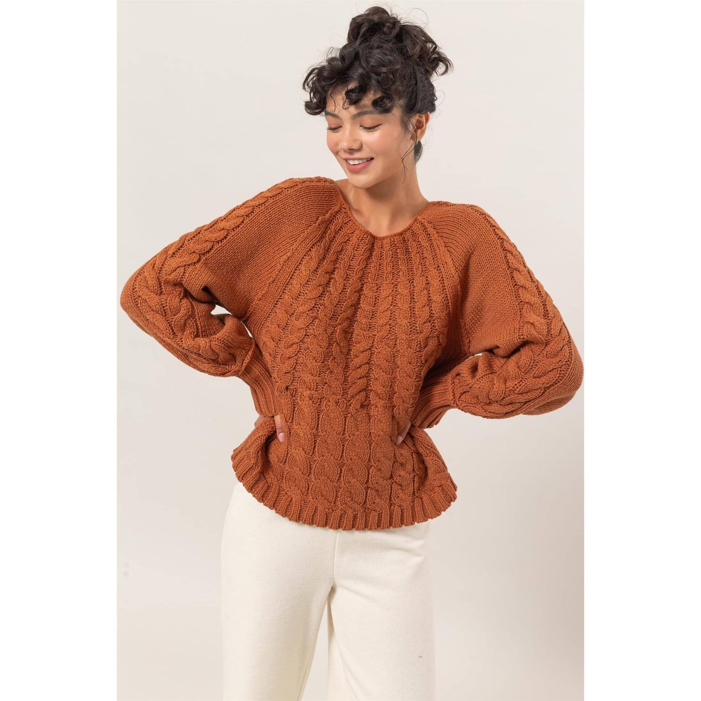 Brown Cable Knit Pattern Sweater: