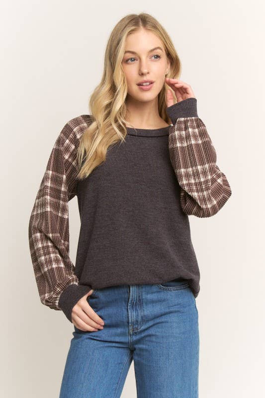 ET7689-23 SOLID URBAN RIBBED AND PLAID CONTRAST TOP