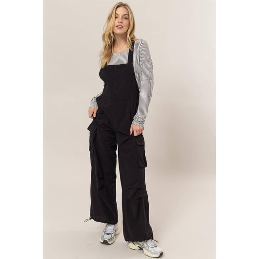 Black Corduroy Cargo Overalls