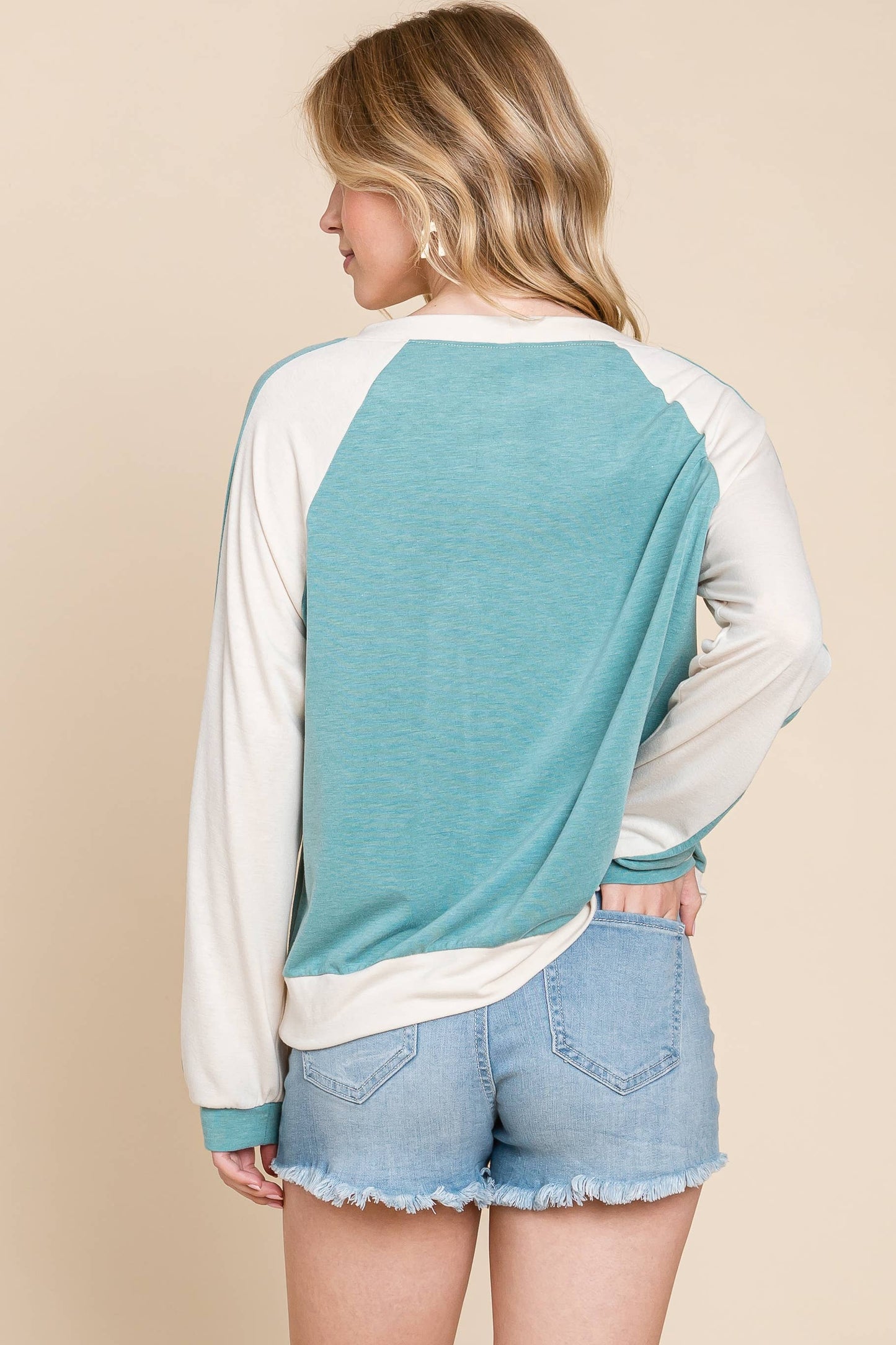 Plus Blue Contrast Solid Long Sleeve Top