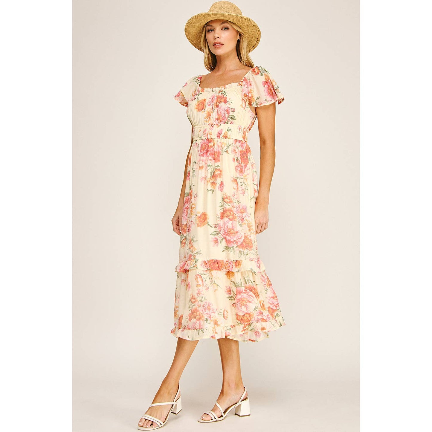 FLUTTER SLEEVE FLORAL TIERED MIDI DRESS