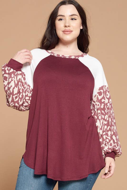 Plus red Size Animal Print Balloon Sleeves top