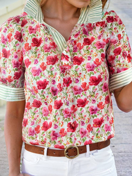 Floral Print Striped Patchwork Collared Short Sleeve Blouse