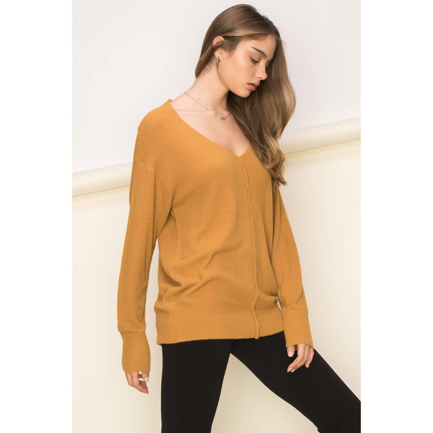 Brown V Neck Long Sleeve Sweater: BROWN SUGAR