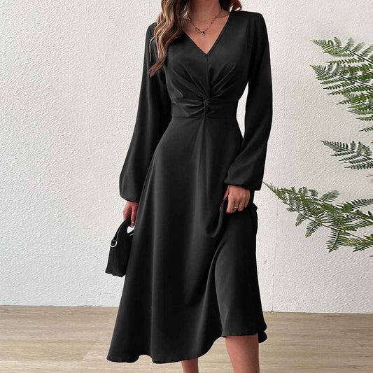 Black V-neck waist long dress
