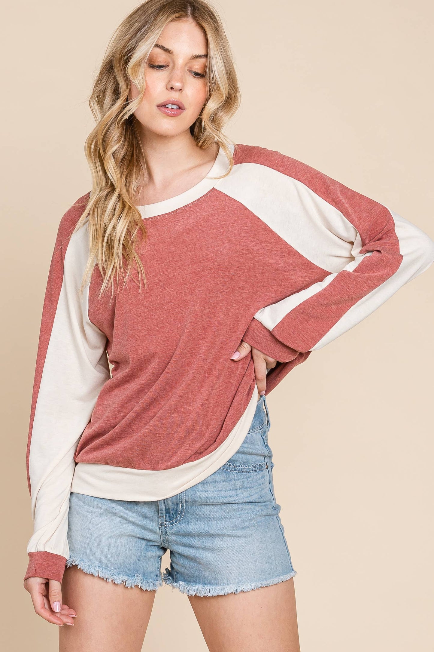 Plus Blue Contrast Solid Long Sleeve Top