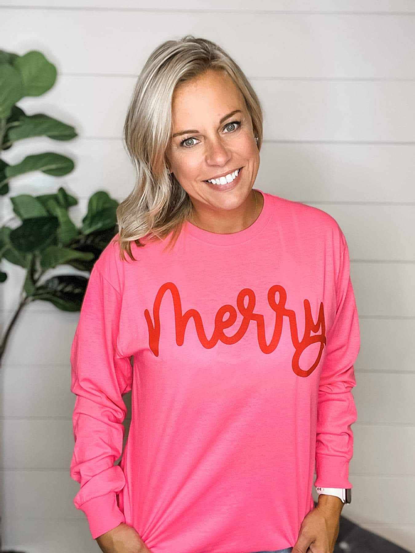 Christmas Neon Pink Merry Script Holiday Grey Graphic Tee