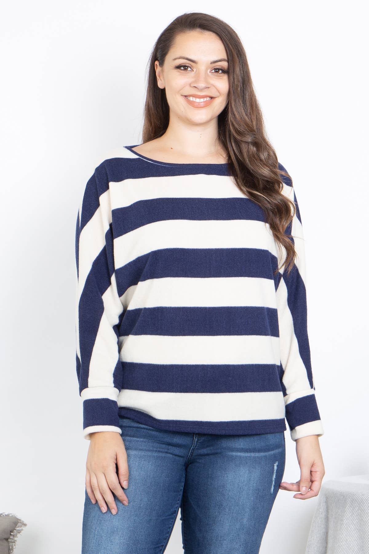 PLUS SIZE BLUE and White STRIPES LONG SLEEVE DOLMAN SLEEVE