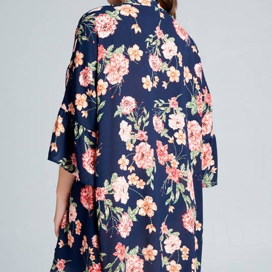 Plus Size Open Front Floral Kimono