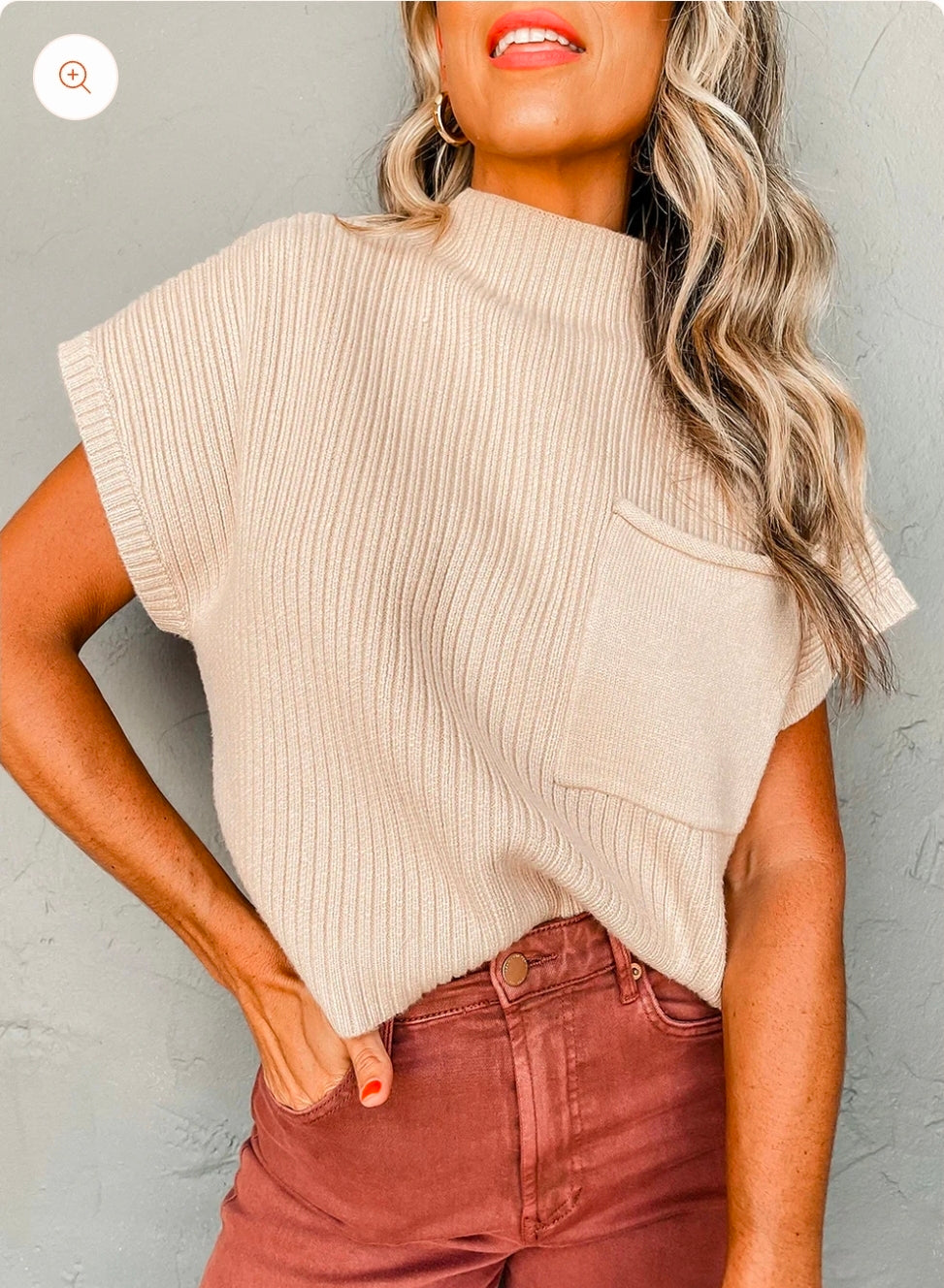 Oatmeal knit short sleeve sweater