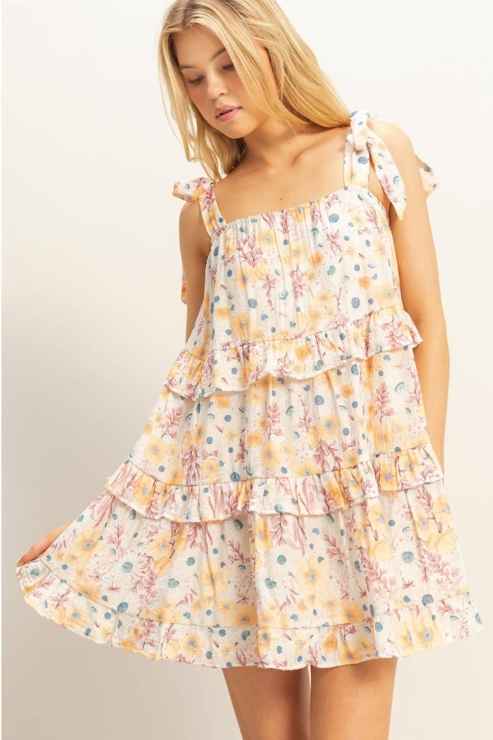 Floral Self-Tie Ruffle Dress