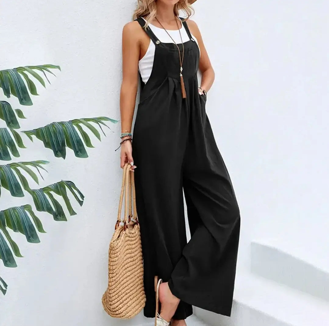 Black Button Cotton Overalls