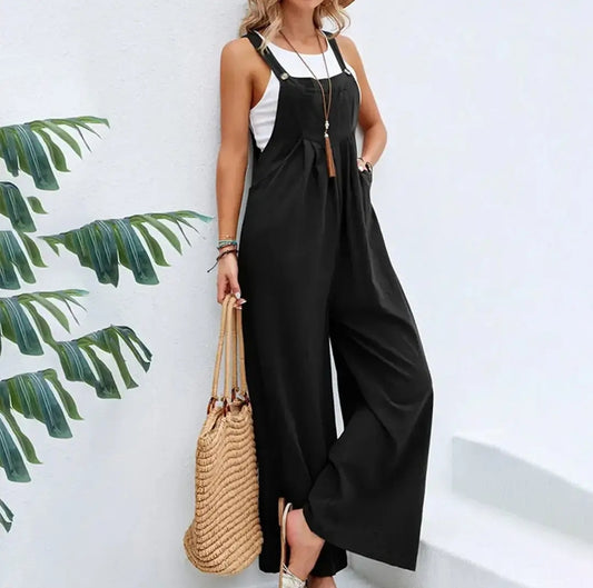 Black Button Cotton Overalls