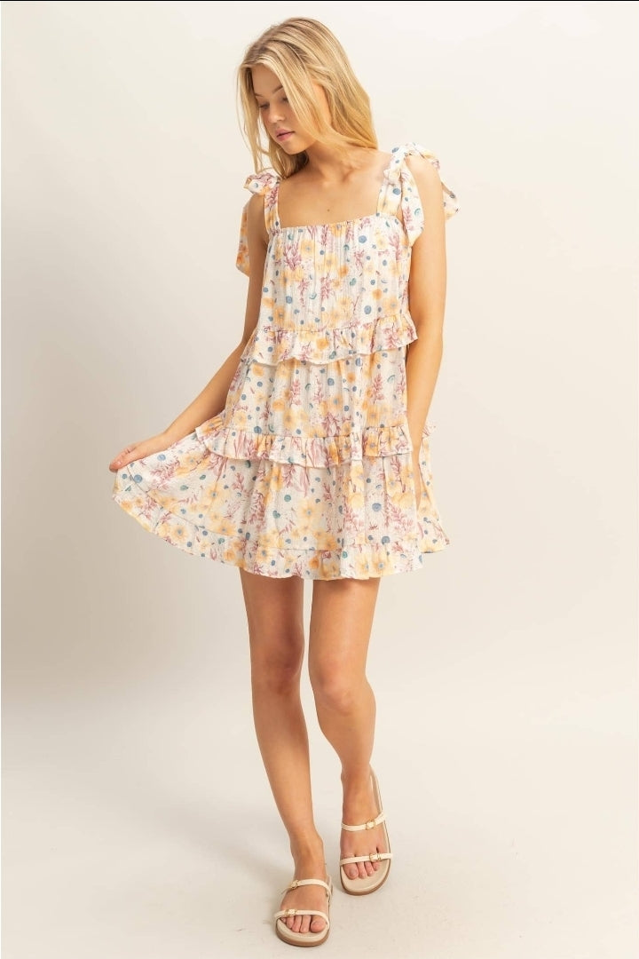Floral Self-Tie Ruffle Dress