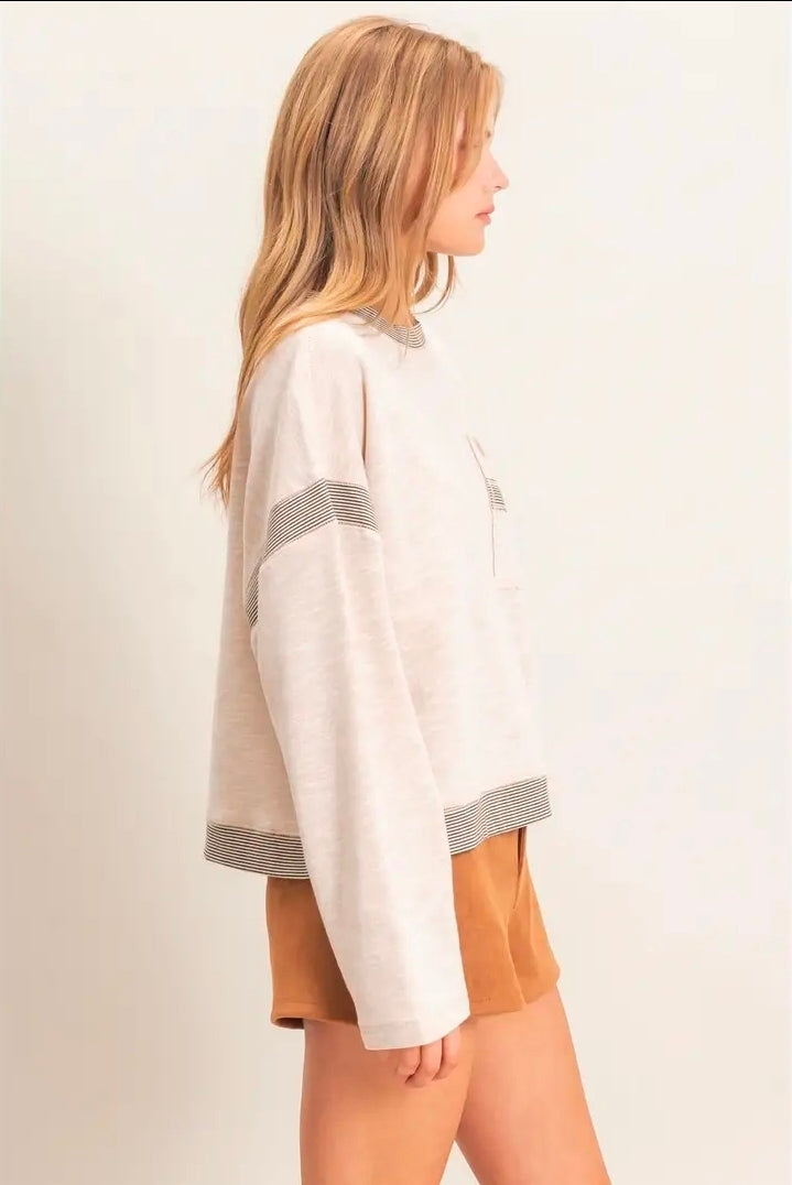 Oatmeal striped trim pocket sweatshirt