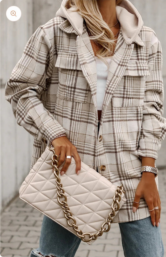 Khaki Plaid Shacket with Hood