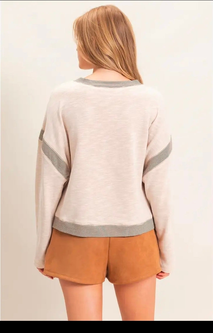 Oatmeal striped trim pocket sweatshirt