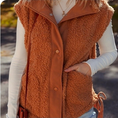 Brown snap button fuzzy vest